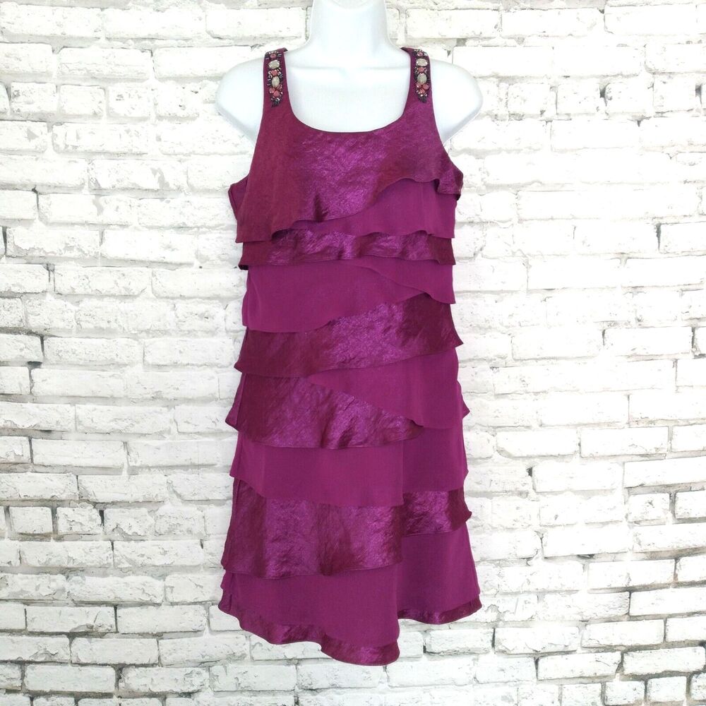 S.L. Fashions Dress Womens Petite 2 Purple Layered Ruffled Embellished Mini